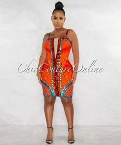 Chic Couture Online Patrina Orange Multi-Color Rhinestones Bandage Dress
