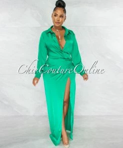 Vendor-unknown Yuriana Emerald Green Draped Front Maxi Silky Dress