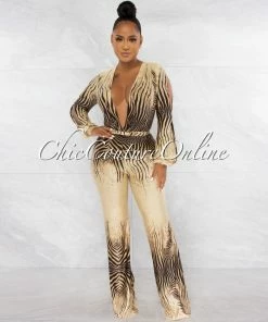 Vendor-unknown Boswell Brown Black Zebra Print Plunging V-Neck Jumpsuit JUST IN