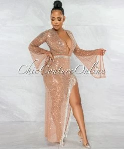 Vendor-unknown JUST IN Kyle Nude Sheer Rhinestones Fringe Slit Bodysuit Dress