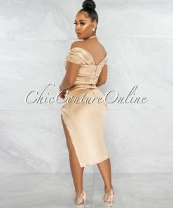 Chic Couture Online Suyen Gold Satin Drape Corset Midi Dress