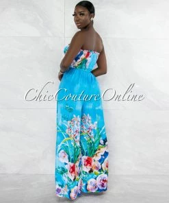 Vendor-unknown Stacie Turquoise Floral Print Smocked Top Jumpsuit JUST IN