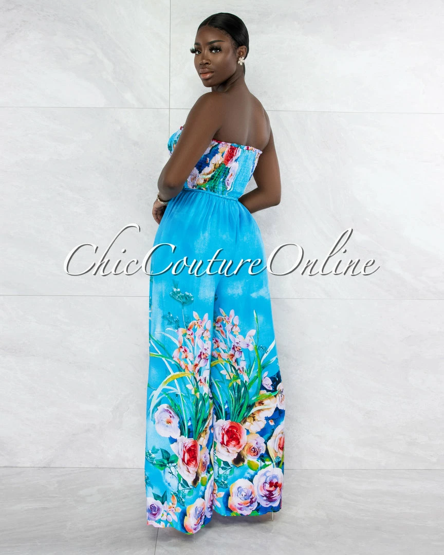 Vendor-unknown Stacie Turquoise Floral Print Smocked Top Jumpsuit JUST IN