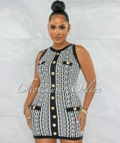 Vendor-unknown Torry Black White Gold Buttons Fret Knit Mini Dress JUST IN