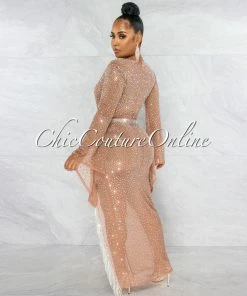 Vendor-unknown JUST IN Kyle Nude Sheer Rhinestones Fringe Slit Bodysuit Dress