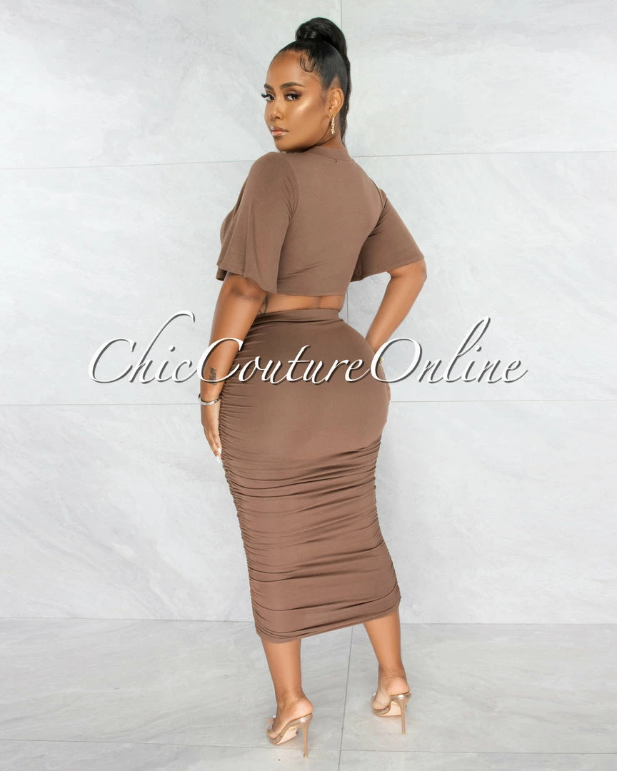 Chic Couture Online Marfo Brown Knot Crop Top & Ruched Skirt Set JUST IN