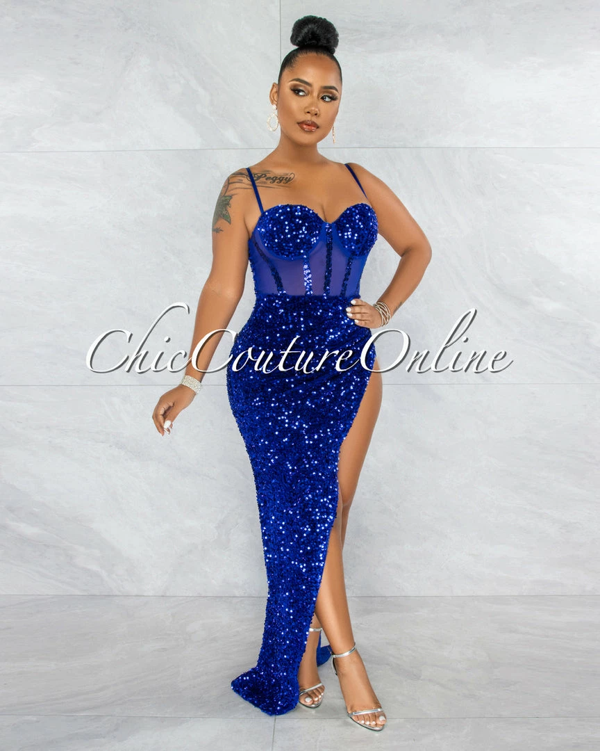 Vendor-unknown Melisia Royal Blue Mesh Sequins Velvet Maxi Bodysuit Dress JUST IN