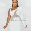Chic Couture Online Ymara Off-White Silver Rhinestones Mesh Accent Mini Dress