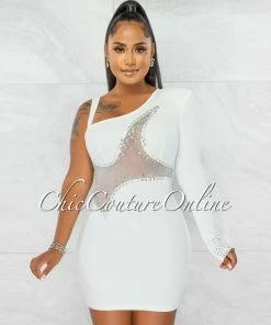Chic Couture Online Ymara Off-White Silver Rhinestones Mesh Accent Mini Dress