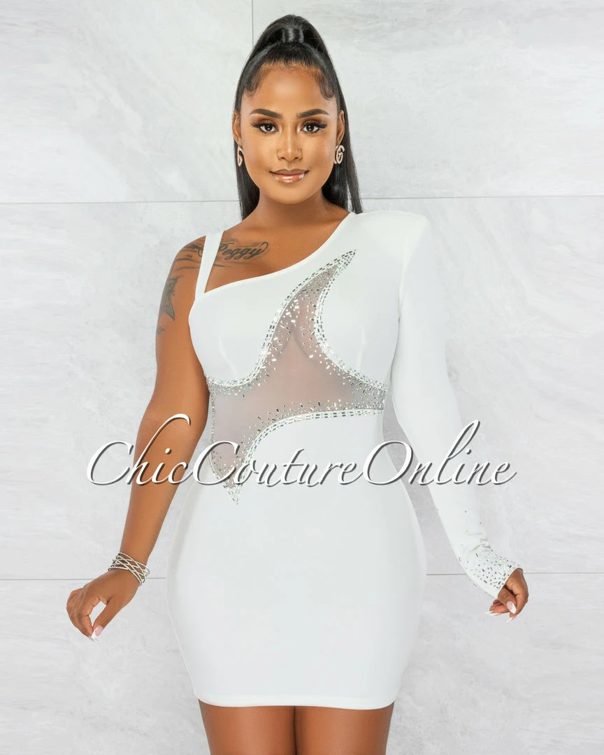 Chic Couture Online Ymara Off-White Silver Rhinestones Mesh Accent Mini Dress