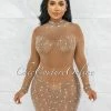 Chic Couture Online JUST IN Fedelta Mocha Silver Rhinestones & Pearls Mesh Dress