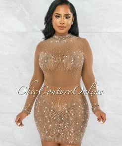 Chic Couture Online JUST IN Fedelta Mocha Silver Rhinestones & Pearls Mesh Dress