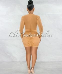 Vendor-unknown JUST IN Tanya Latte Plunging V-Neck Draped Mesh Dress