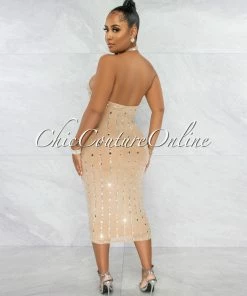 Vendor-unknown Florentino Nude Rhinestones Halter Midi Dress JUST IN