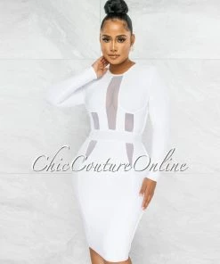 Vendor-unknown Valeda Off-White Mesh Details Bandage Midi Dress
