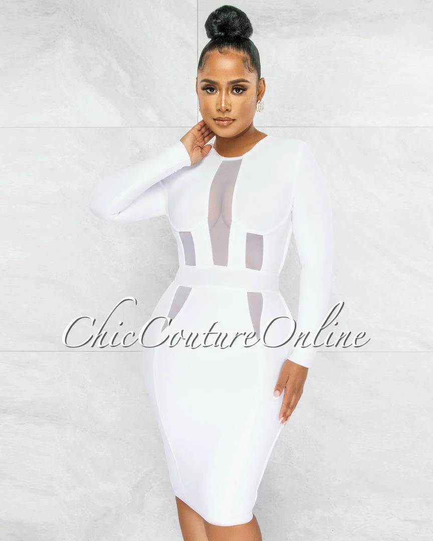 Vendor-unknown Valeda Off-White Mesh Details Bandage Midi Dress