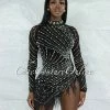 Chic Couture Online Rhesa Black Rhinestones Pearls & Feathers Mesh Mini Dress
