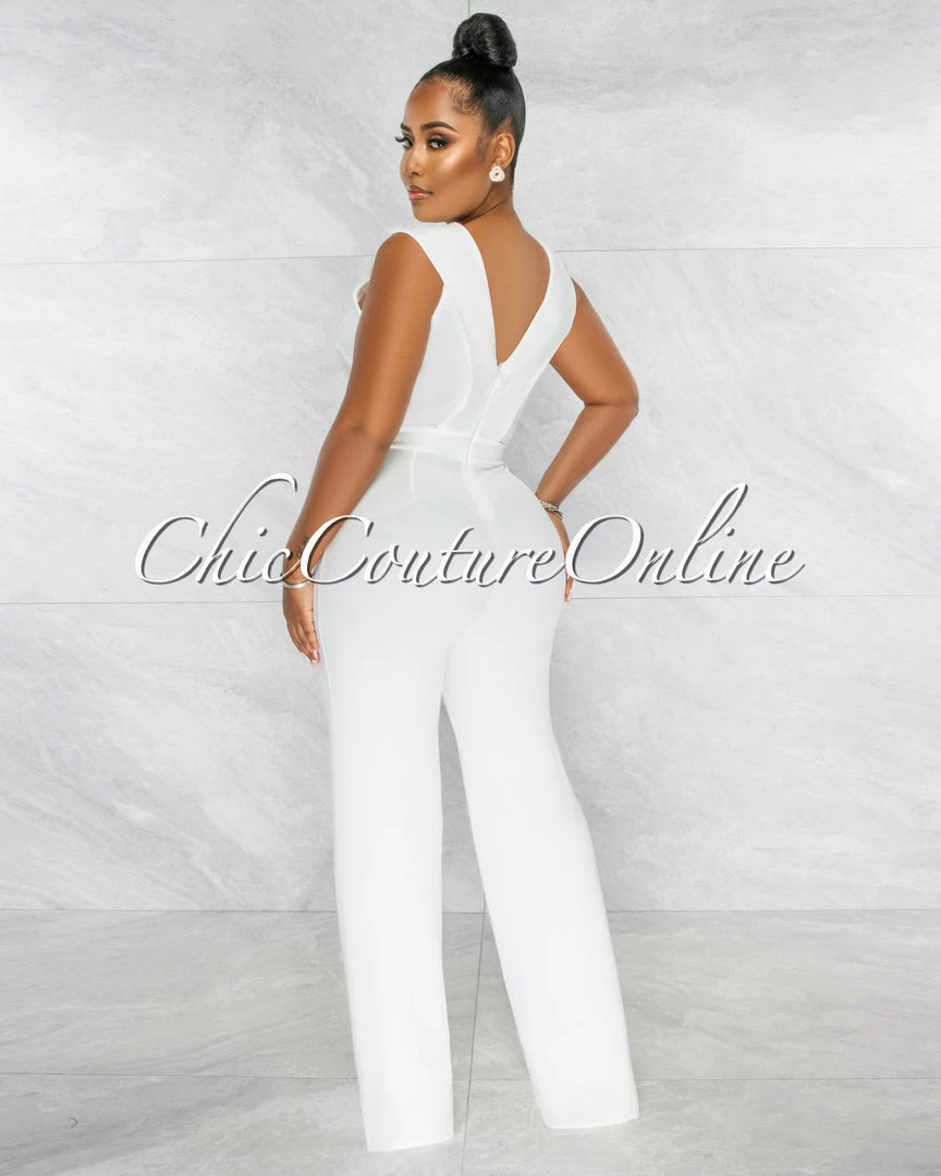 Chic Couture Online JUST IN Aimee Off-White Pleated Bust Gold Link Jumpsuit