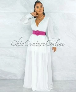 Vendor-unknown JUST IN Canela Ivory Long Sleeves Belted Maxi Dress