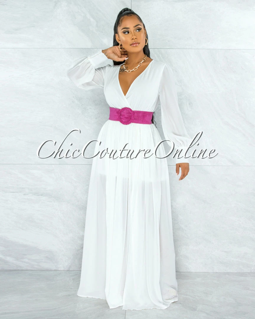 Vendor-unknown JUST IN Canela Ivory Long Sleeves Belted Maxi Dress