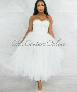 Vendor-unknown Ferguson Off-White Rhinestones Tulle Ruffle Bodysuit Dress JUST IN