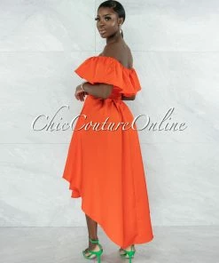 Vendor-unknown Bodil Orange Ruffle Neckline Belt Hi-Lo Dress JUST IN