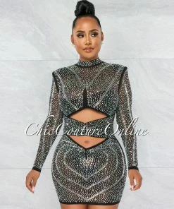 Vendor-unknown Lavinia Black Iridescent Rhinestone Cut Out Dress