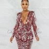 Vendor-unknown JUST IN Jimee Burgundy Silver Sequins Drape Midi Dress