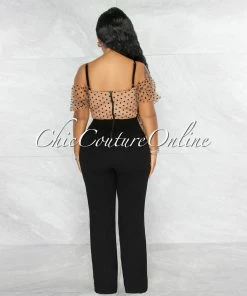 Vendor-unknown Barina Nude Black Polka Dots Tulle Bow Jumpsuit