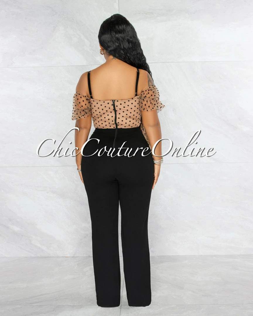 Vendor-unknown Barina Nude Black Polka Dots Tulle Bow Jumpsuit