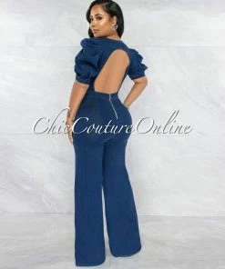 Vendor-unknown Lonato Dark Denim Bubble Sleeves Open Back Jumpsuit