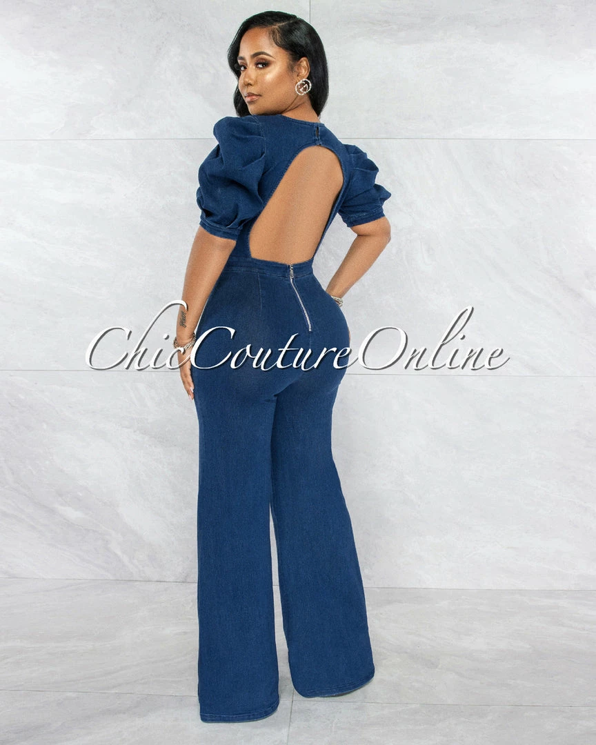 Vendor-unknown Lonato Dark Denim Bubble Sleeves Open Back Jumpsuit