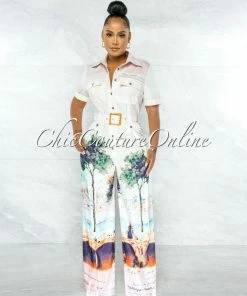 Chic Couture Online Greece Ivory Print Bamboo Belt Wide Legs Jumpsuit