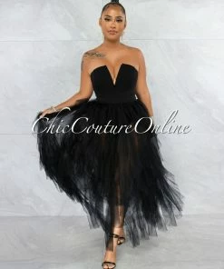 Vendor-unknown Odalys Black Strapless Tulle Ruffle Bodysuit Dress