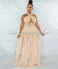 Vendor-unknown Angelica Nude Tulle Halter Ruffle Maxi Dress JUST IN