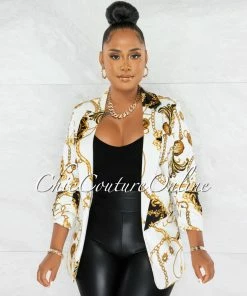 Chic Couture Online JUST IN Lorna Off-White Gold Print Long Sleeves Blazer