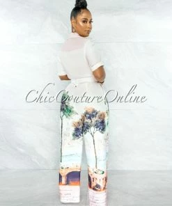 Chic Couture Online Greece Ivory Print Bamboo Belt Wide Legs Jumpsuit