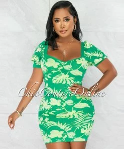 Chic Couture Online Killeen Green Leaf Print Knit Mini Dress JUST IN