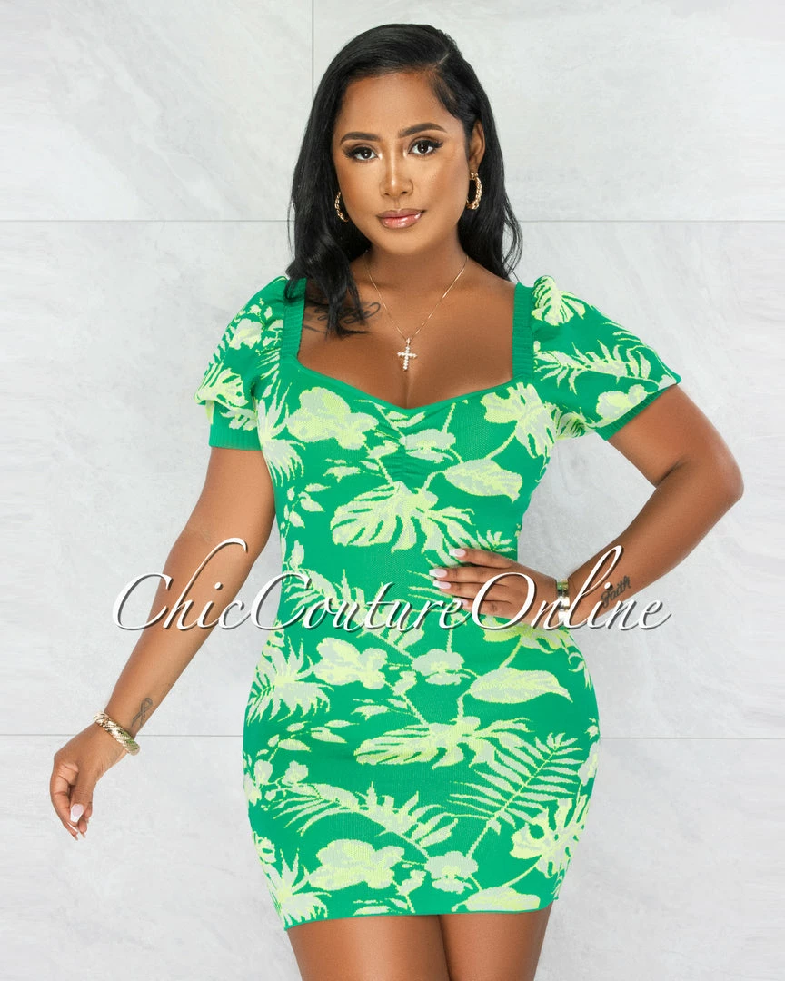Chic Couture Online Killeen Green Leaf Print Knit Mini Dress JUST IN