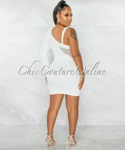 Chic Couture Online Ymara Off-White Silver Rhinestones Mesh Accent Mini Dress