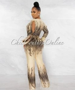 Vendor-unknown Boswell Brown Black Zebra Print Plunging V-Neck Jumpsuit JUST IN
