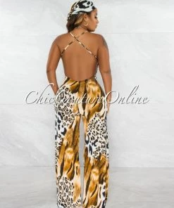Chic Couture Online Adael Brown Leopard Print Low Back Jumpsuit & Bandana