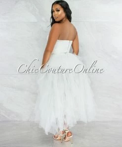 Vendor-unknown Ferguson Off-White Rhinestones Tulle Ruffle Bodysuit Dress JUST IN