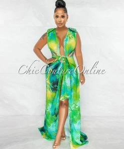 Chic Couture Online JUST IN Siren Green Palm Print Rhinestones Luxe Swimsuit & Cover-up