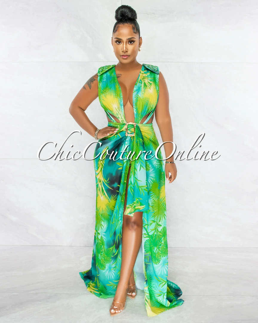Chic Couture Online JUST IN Siren Green Palm Print Rhinestones Luxe Swimsuit & Cover-up