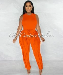 Chic Couture Online JUST IN Janiel Orange Bodysuit & Fringe Pants Set