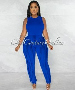 Chic Couture Online Janiel Royal Blue Bodysuit & Fringe Pants Set