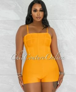 Vendor-unknown Zariel Neon Orange Trim Details Bandage Romper JUST IN