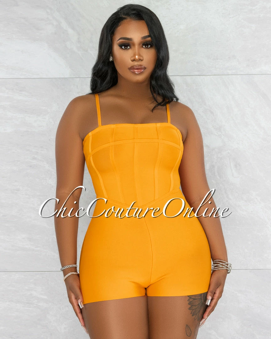 Vendor-unknown Zariel Neon Orange Trim Details Bandage Romper JUST IN