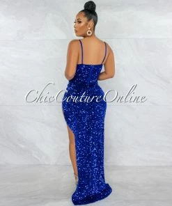 Vendor-unknown Melisia Royal Blue Mesh Sequins Velvet Maxi Bodysuit Dress JUST IN